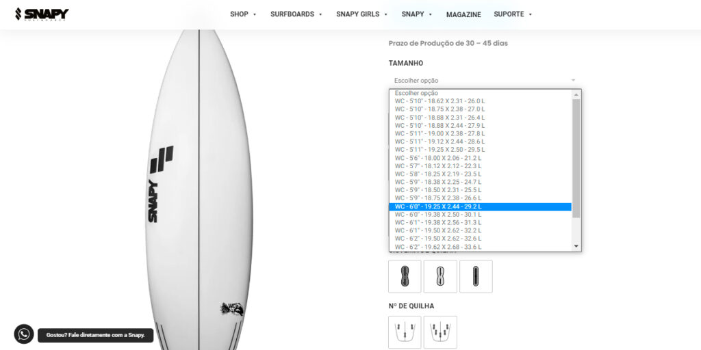 Lista pré-definida com volume, largura, espessura e altura das pranchas no site da Snapy Surfboards